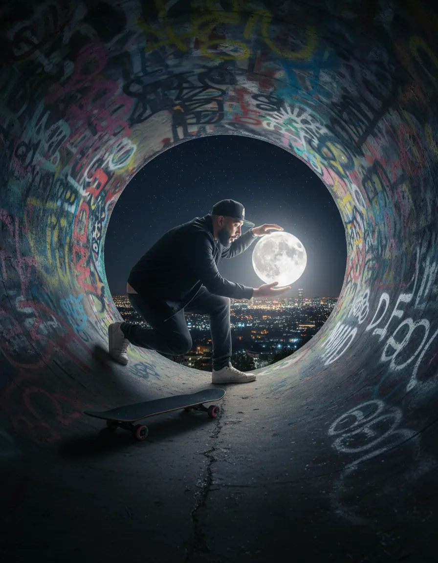 Cinematic Forced Perspective Moon Urban Portrait Template