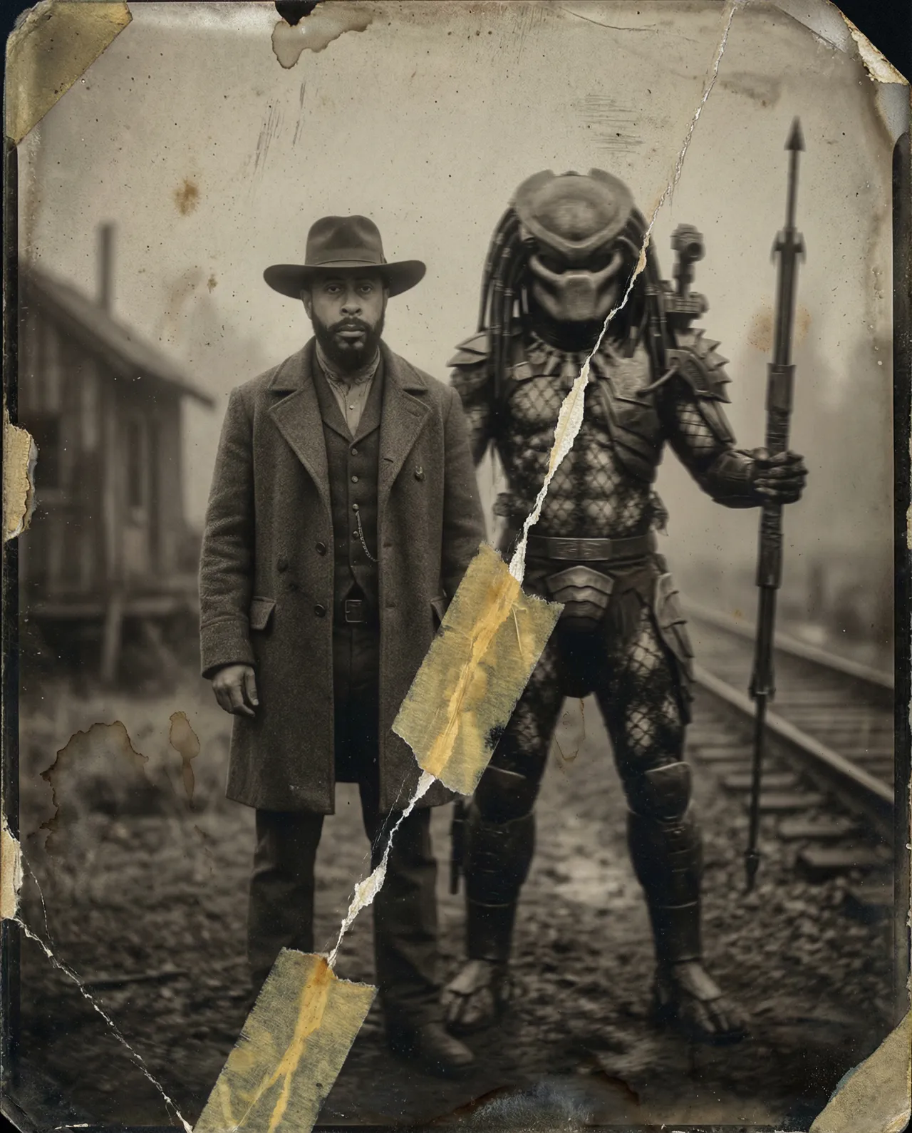 Aged 1870s Historical Photograph with Predator Encounter