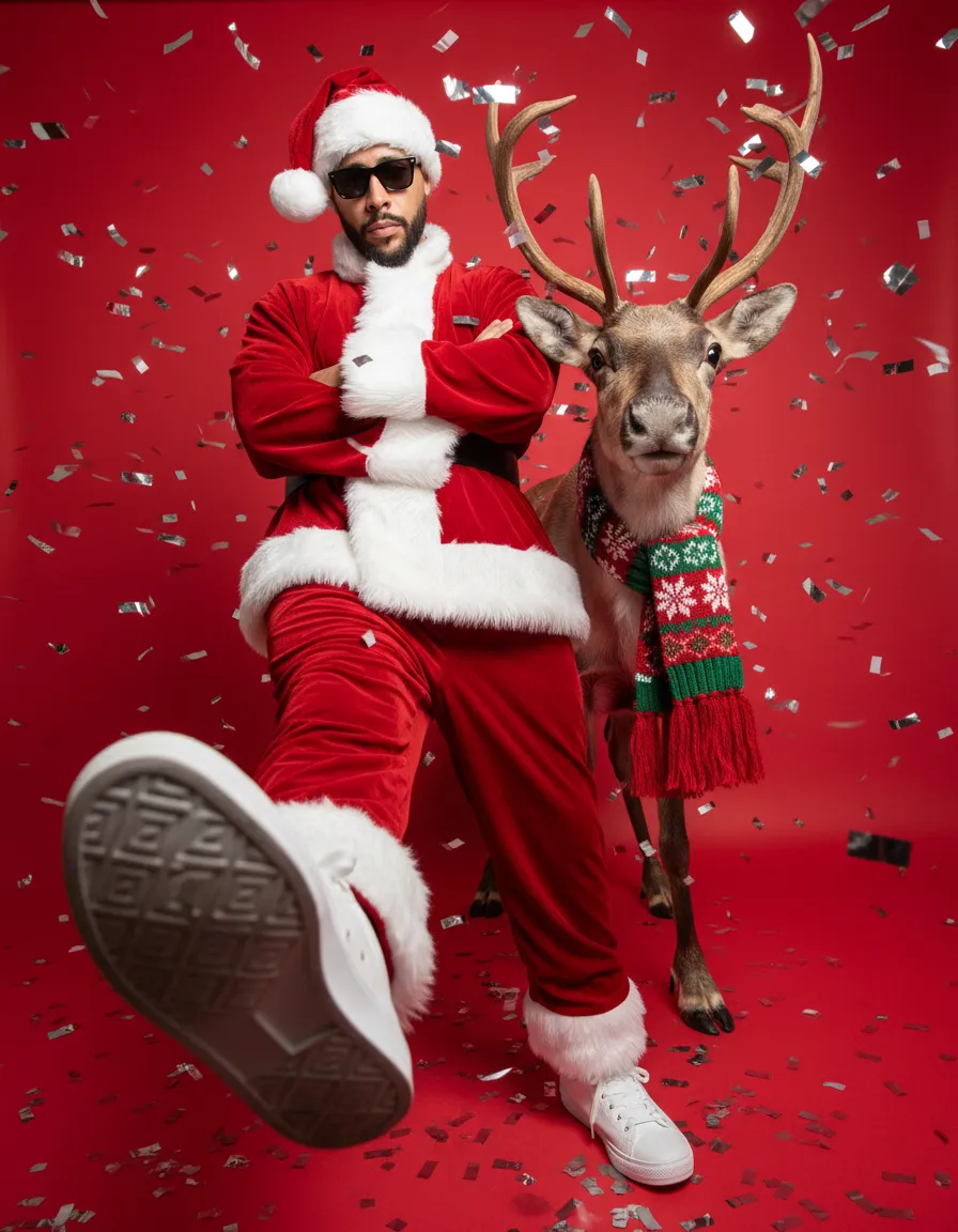 Dynamic Low-Angle Modern Santa with Reindeer