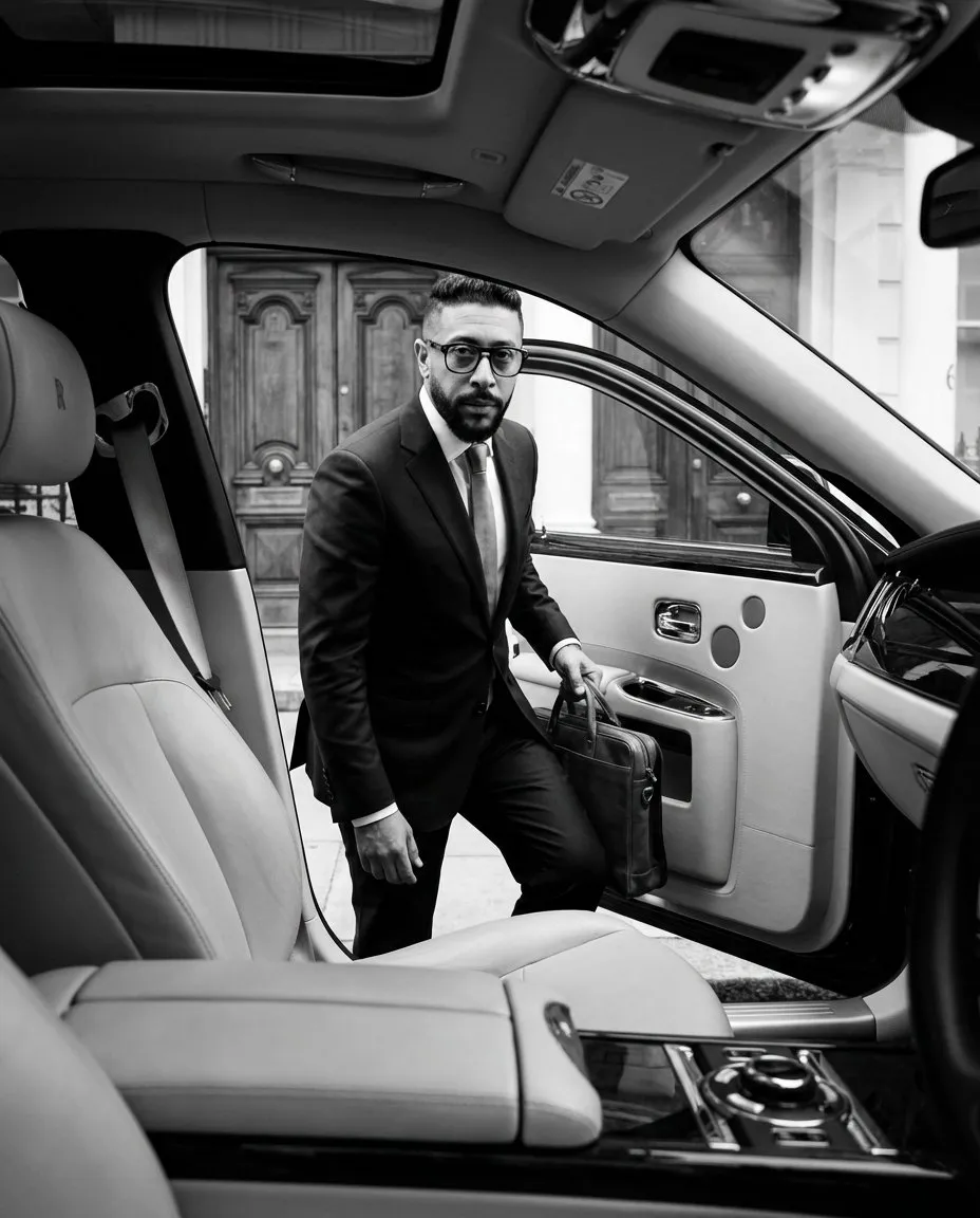 Cinematic Black-and-White Executive Portrait Inside Luxury Car