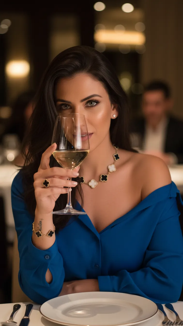 Elegant Woman in Dimly Lit Restaurant with Wine Glass