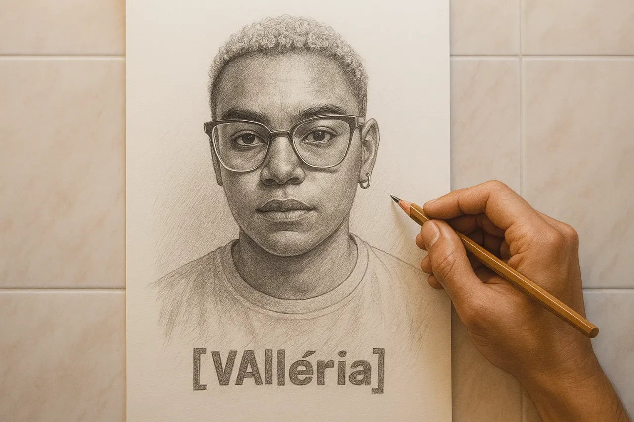 Retrato hiper‑realista sobre folha na mesa