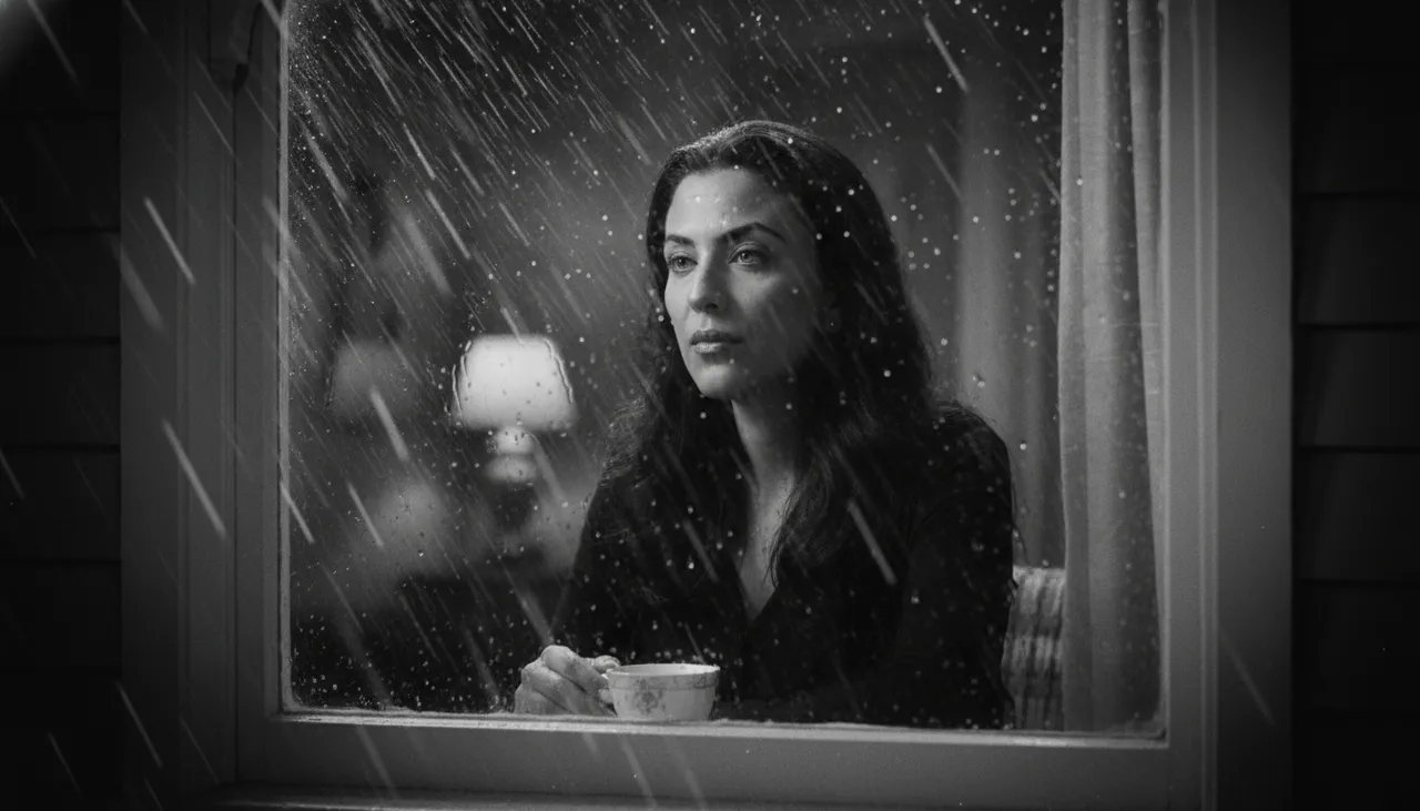 1950s Rainy Window Poetic Cinema Scene Template