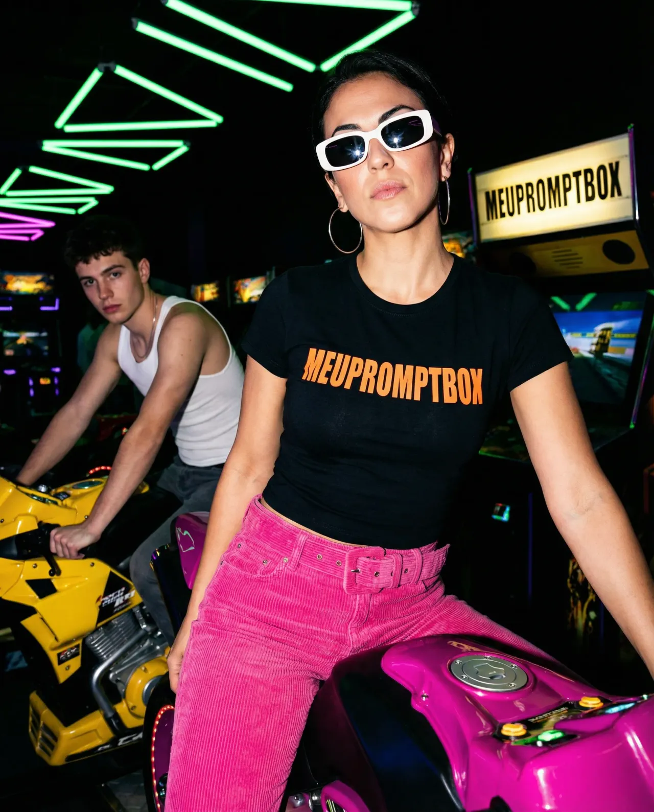 Flash-Fashion Arcade Portrait with Neon 2000s Aesthetic