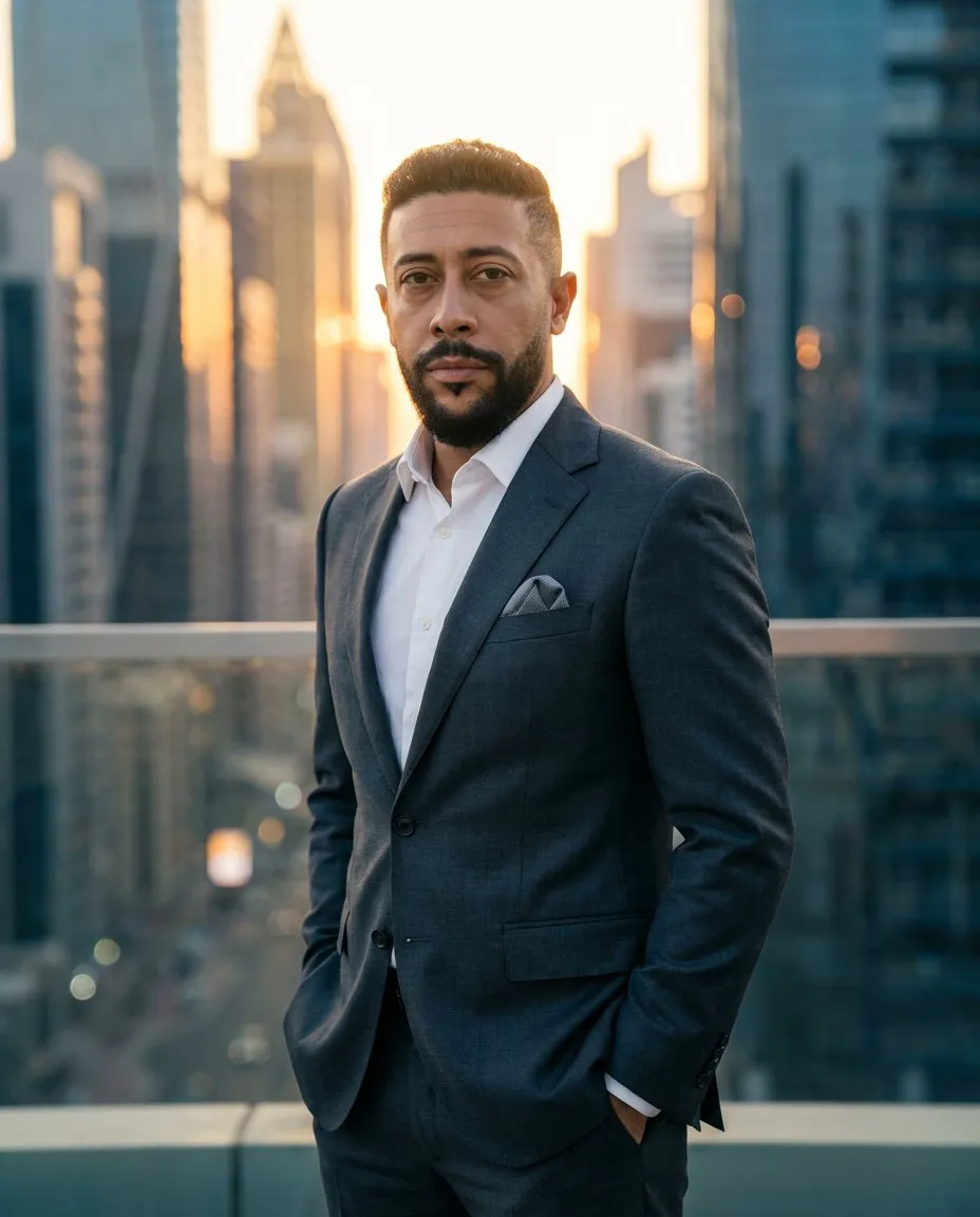 Golden Hour Rooftop Portrait with Cinematic Urban Elegance