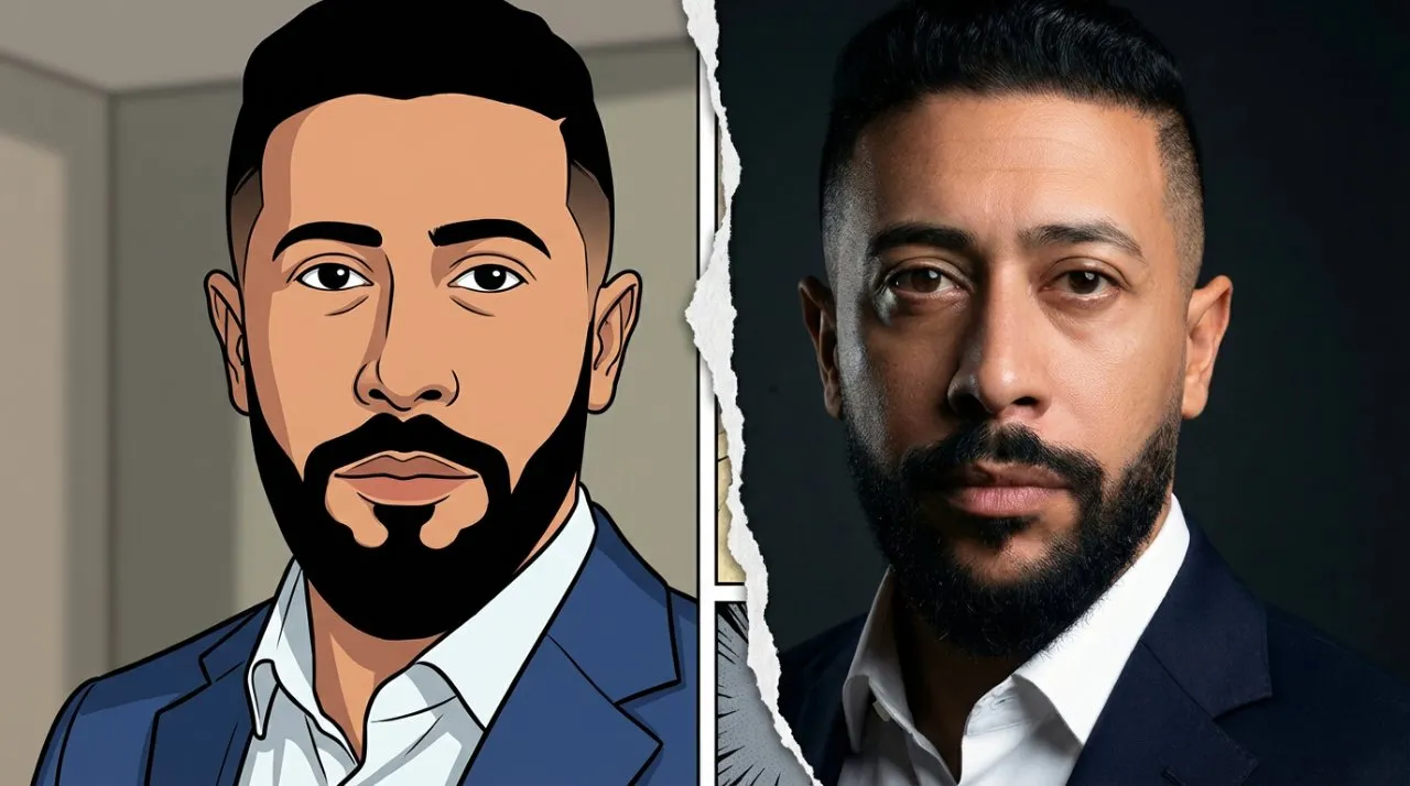 Split Portrait Cartoon Left and Hyperreal Cinematic Right