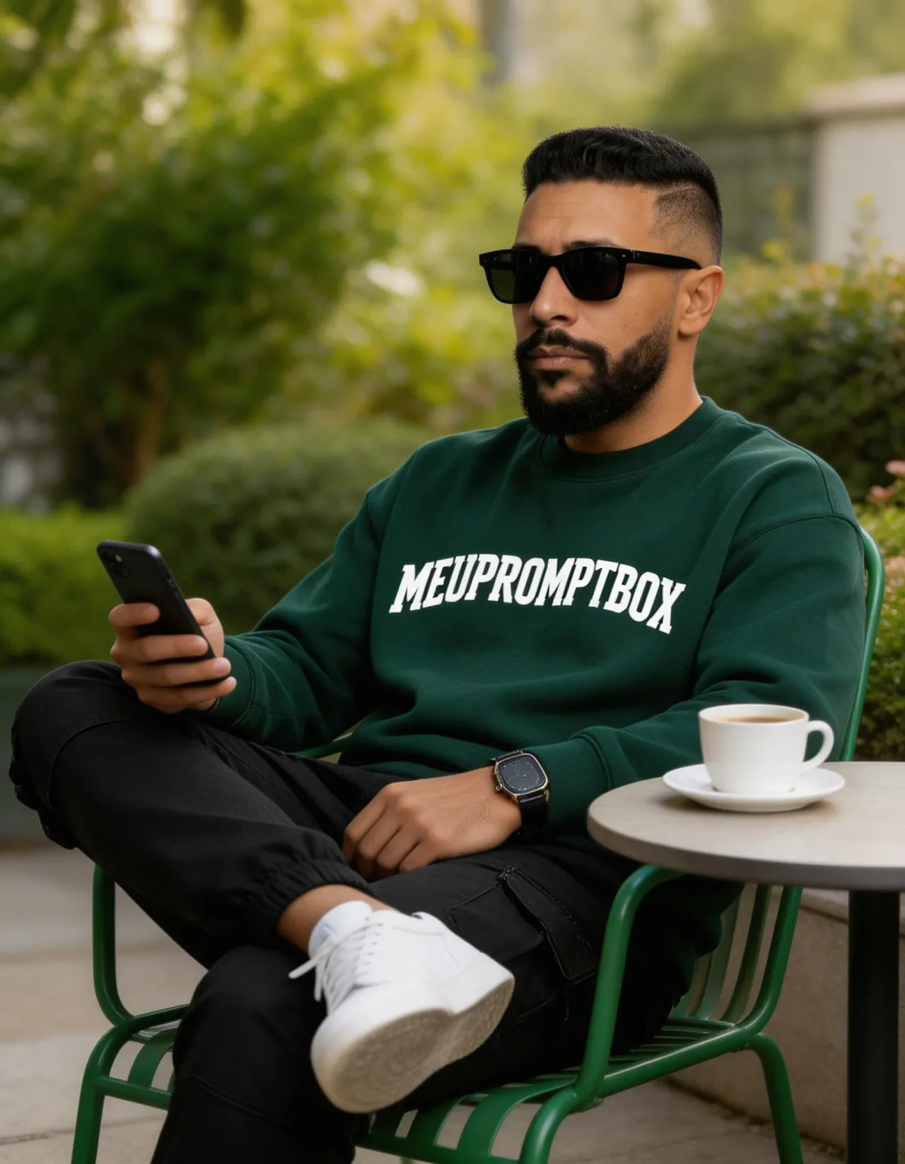 Ultra-Realistic Lifestyle Portrait in Garden Café, Cinematic 4:5