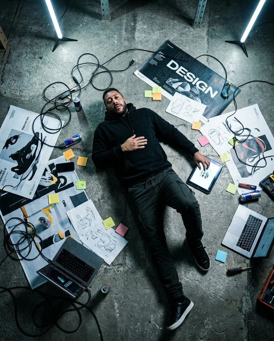 Top-Down Cinematic 35mm Workspace Portrait Photography