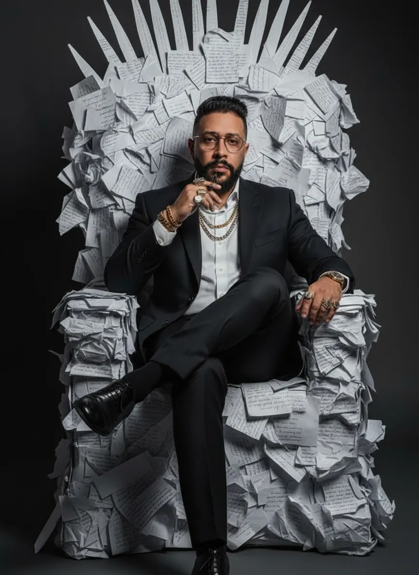 Regal Editorial Portrait on Throne of Written Paper
