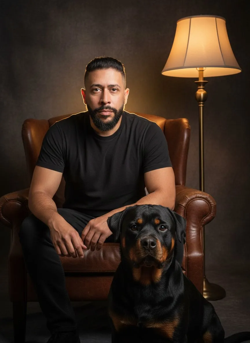 Cinematic Dramatic Portrait With Dog and Warm Studio Backlight
