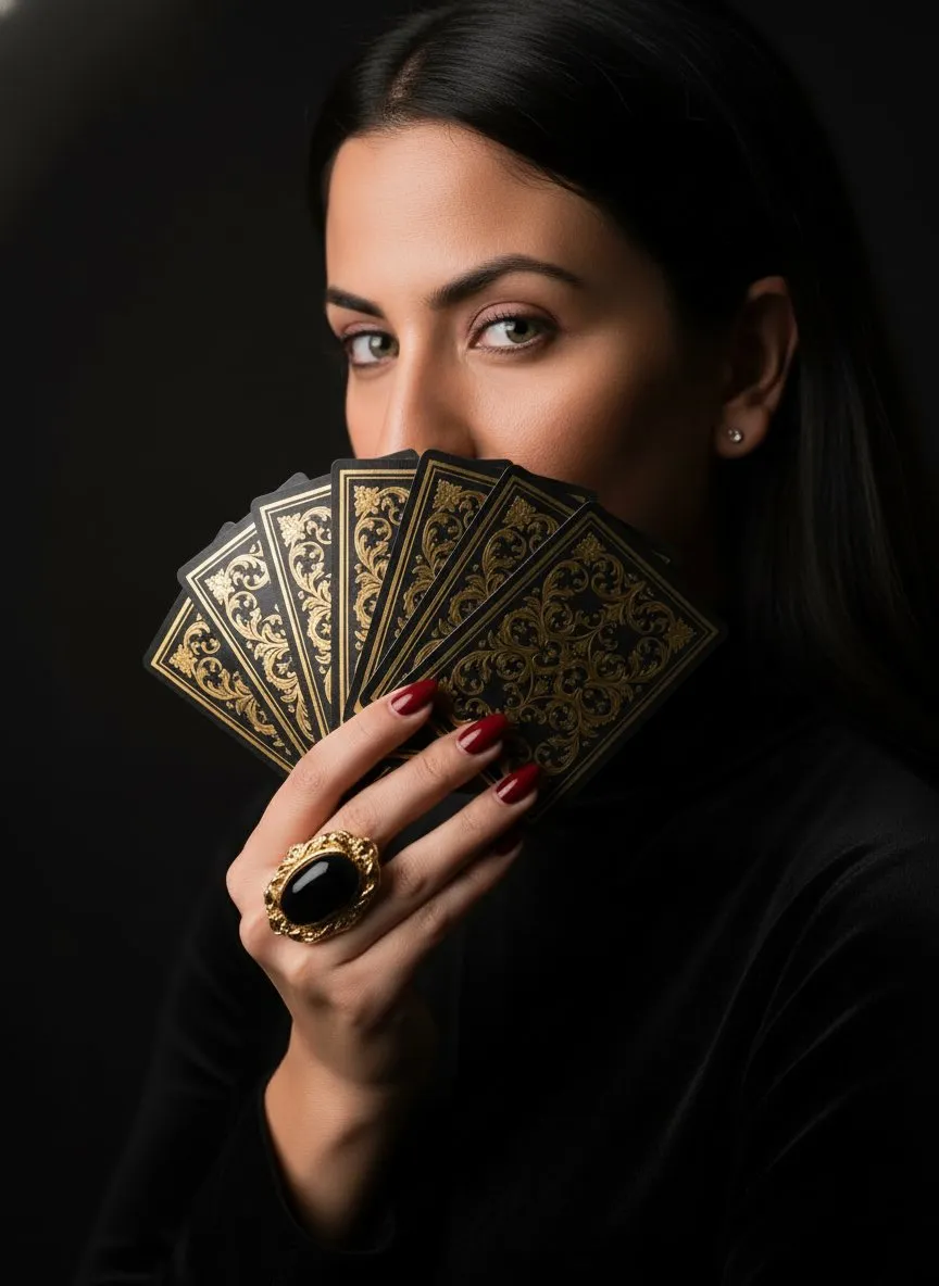 Cinematic Mystery Portrait with Playing Cards and Dramatic Lighting