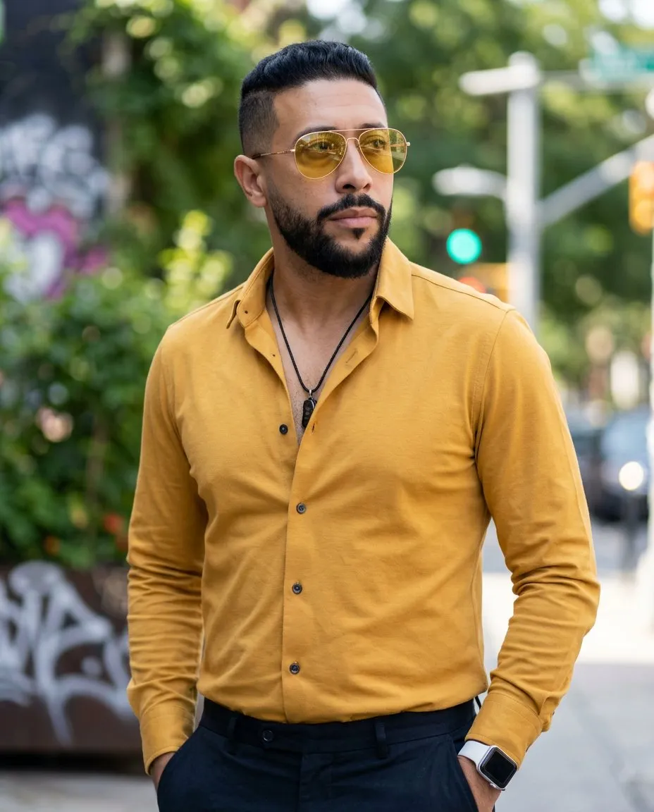 Cinematic Urban Portrait Photography, Mustard Palette, Natural Light