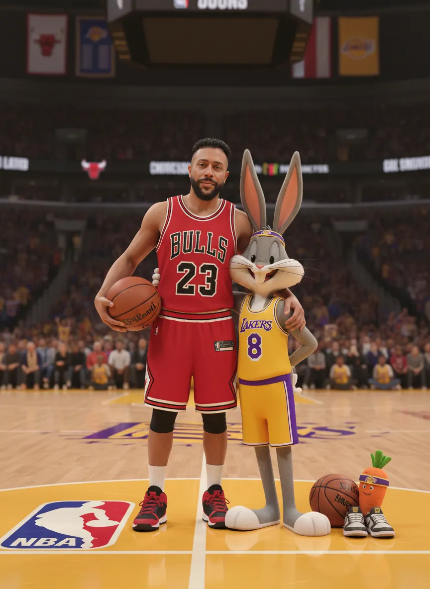 Photorealistic NBA Court Scene with Pixar Bugs Bunny