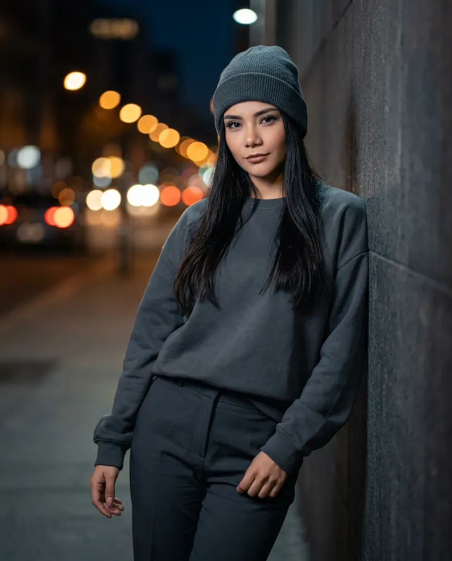 Cinematic Urban Night Female Portrait, Moody Street Editorial