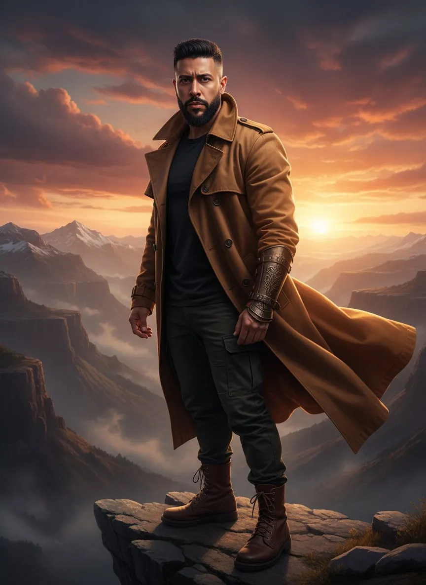 Mythic Hero Standing on Cliff at Sunset Cinematic Portrait Scene