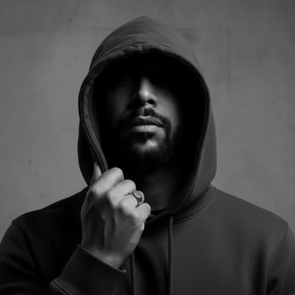 Cinematic Black and White Hoodie Portrait With Dramatic Low Key Lighting